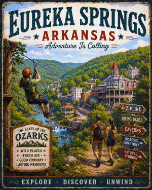 Eureka Springs Arkansas - Adventure Is Calling Art Print - Vintage Travel Poster Mountain Town Wilderness Wall Decor