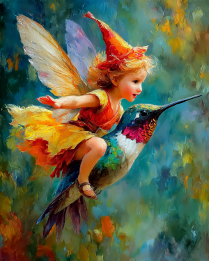 Fairy Catching a Ride - Humingbird Art Print