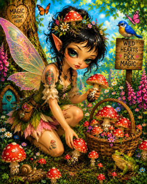 Fairy Picking Amanitas - Mushroom Wall Art
