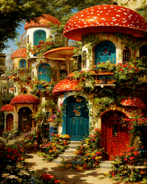 Fairy Village in Amanita Mushroom Aesthetic Art