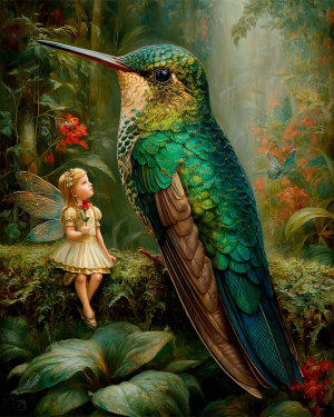 Fairy with a Red Rose - Humingbird Art Print