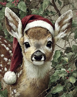 Fawn Deer in Santa Hat - Christmas Art Prints