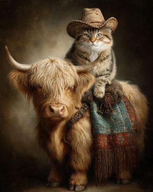 Felix on a Highland Cow - Cats in Hats Art Print