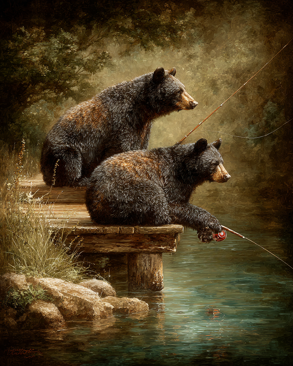 Fishing Off the Dock - Black Bear Art Print