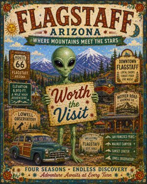 Flagstaff Arizona - Folk Art Style Alien Worth The Trip Art Print