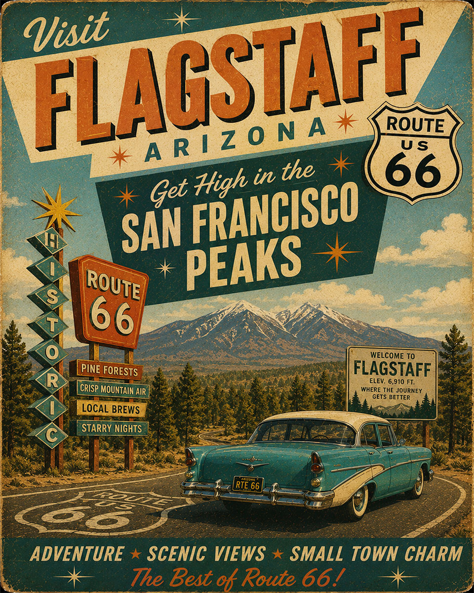 Flagstaff Arizona - Get High in the San Francisco Peaks - Route 66 Parody Poster