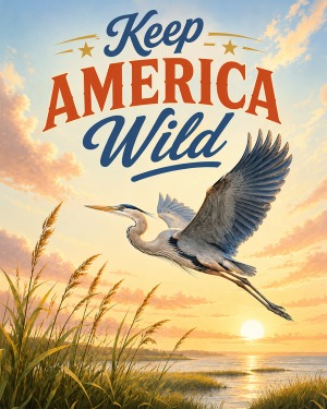 Flying Great Blue Heron - Keep America Wild Art Print - Americana Nature Artwork