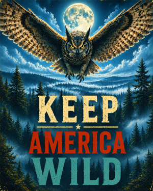 Flying Great Horned Owl - Keep America Wild Art Print - Americana Nature Artwork