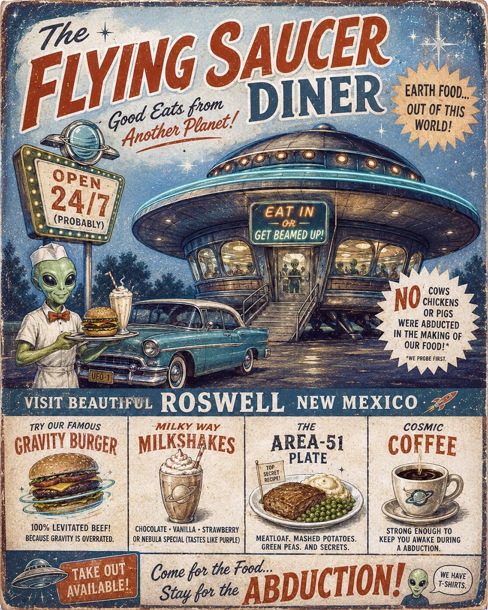 Flying Saucer - Vintage Advertising Parody Dine Ad