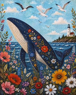 Folk Art Floral Whale - Coastal Wall Art