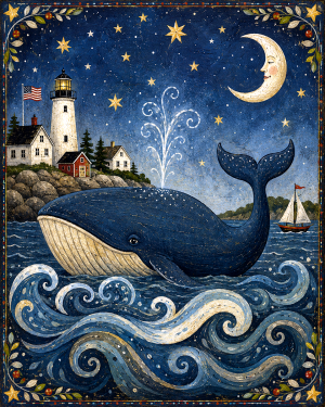 Folk Art Whale Along Coast with Lighthouse - Coastal Wall Art
