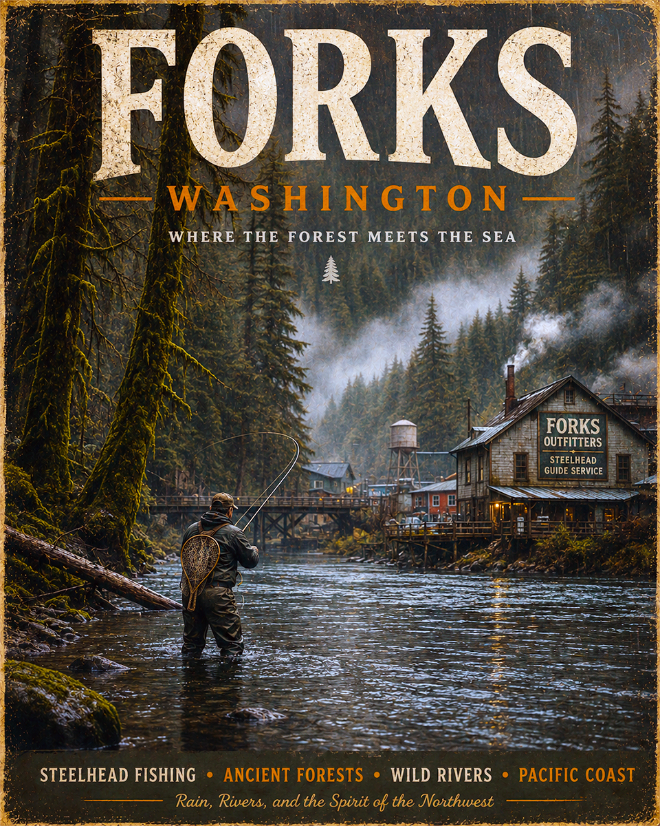 Forks Washington Fishing Art Print - Vintage Lake and Fly Fishing Wall Decor