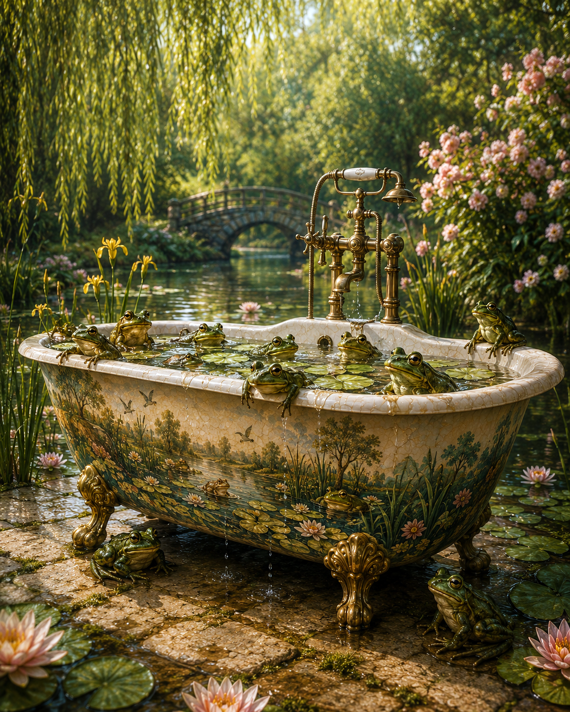 Frog Artwork - Painted on Bathtub by Pond - Bathroom Art