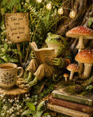 Frog Reading a Book - Cottagecore Art Prints