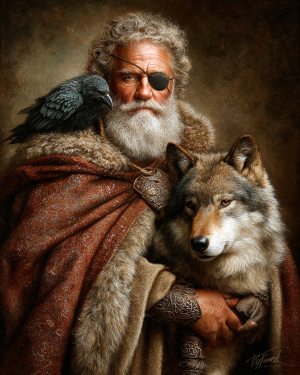 Full Cloak Odin with His Wolf and Ravens - Norse Mythology Art Print