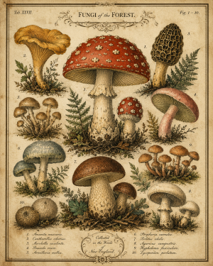 Fungi of the Forest Vintage Mushroom Poster Home Decor