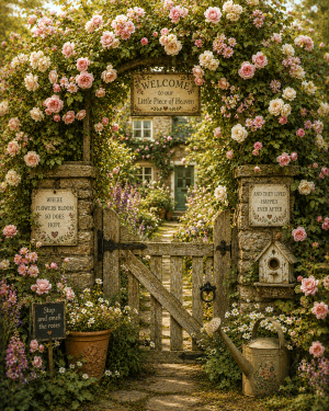 Gate Covered in Roses - Cottagecore Art Prints