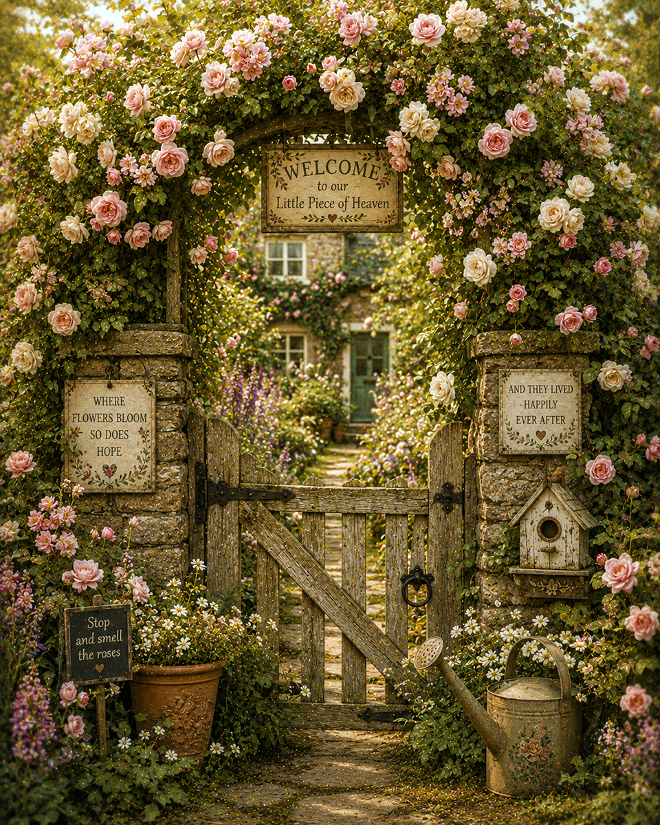 Gate Covered in Roses - Cottagecore Art Prints