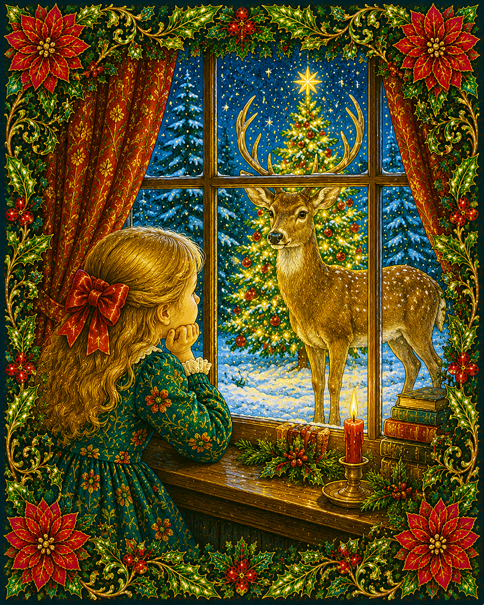 Girl Watching Deer by X mas Tree - Christmas Art Print