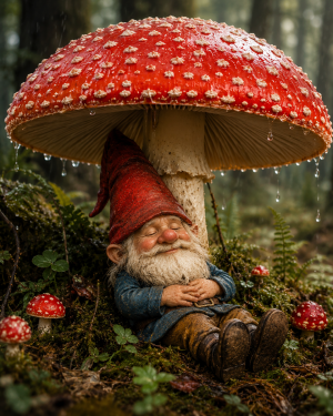 Gnome Sleeping Under Amanita - Mushroom Wall Art