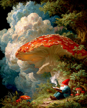 Gnome Smoking and Reading Under an Amanita - Mushroom Home Decor