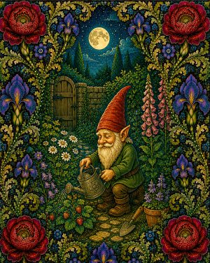 Gnome in Garden - Art Nouveau Fantasy Artwork