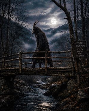 Goatman Crossing a Bridge - Folk Horror - Appalachian Gothic Art Print