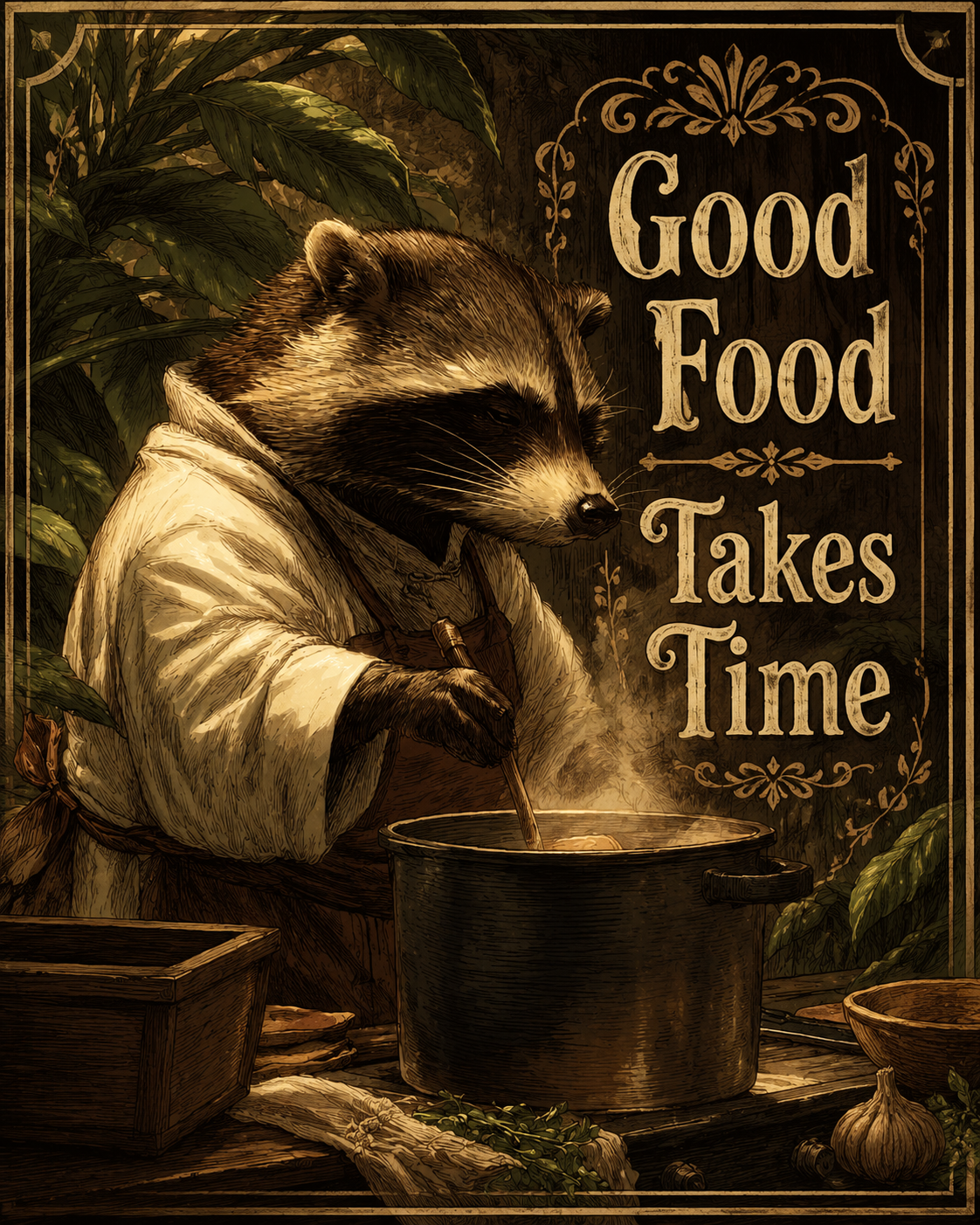 Good Food Takes Time - Raccoon - Whimsical Kitchen Wall Decor