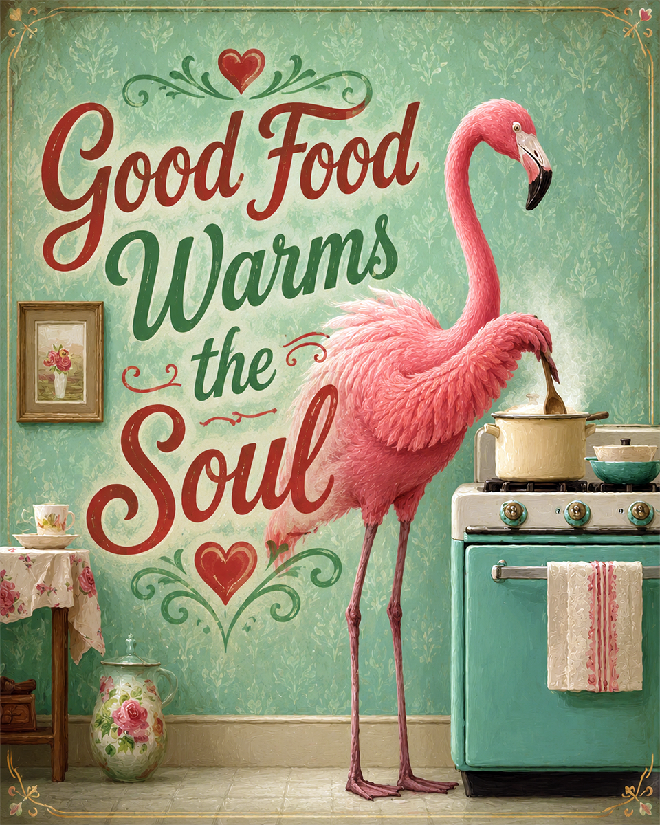 Good Food Warms the Soul - Flamingo - Whimsical Kitchen Wall Decor