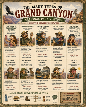 Grand Canyon - Types of National Park Visitors Souvenir Art Print