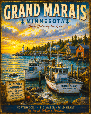 Grand Marais Minnesota Fishing Art Print - Vintage Lake and Fly Fishing Wall Decor