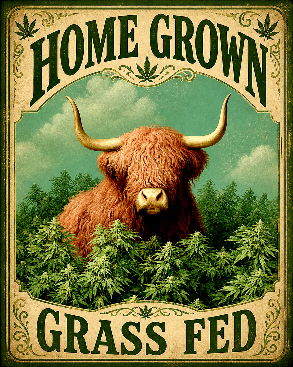Grass Fed Home Grown Highland Cow - Marijuana Poster