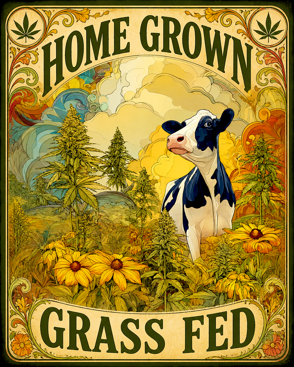 Grass Fed Home Grown Nouveau Cow - Marijuana Poster