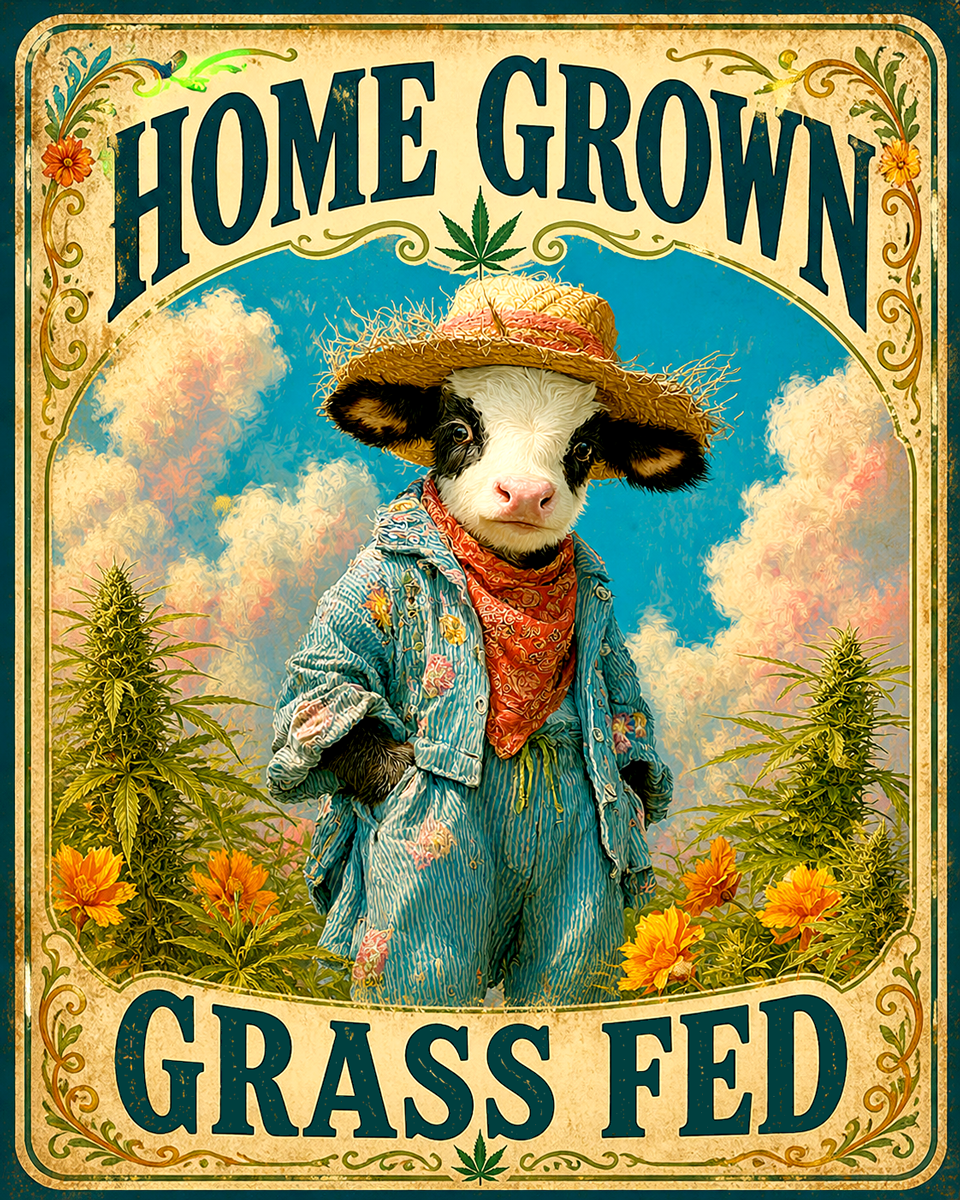 Grass Fed Home Grown Pastel Cow - Marijuana Poster