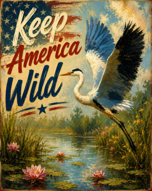 Great Blue Heron and USA Flag - Keep America Wild Art Print - Americana Nature Artwork