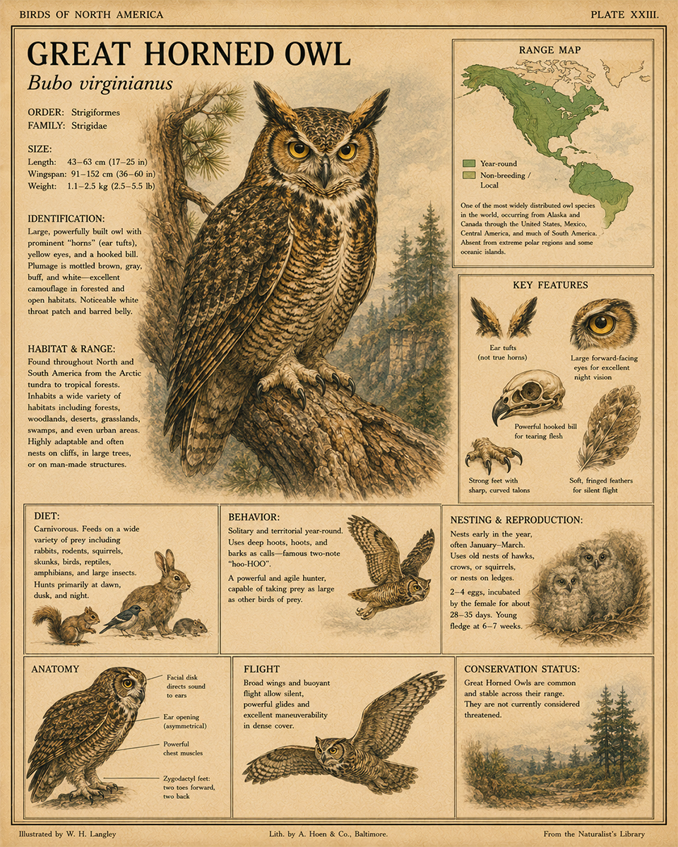 Great Horned Owl - Vintage Wildlife Art - Antique Nature Illustration