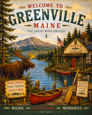 Greenville Maine Fishing Art Print - Vintage Lake and Fly Fishing Wall Decor