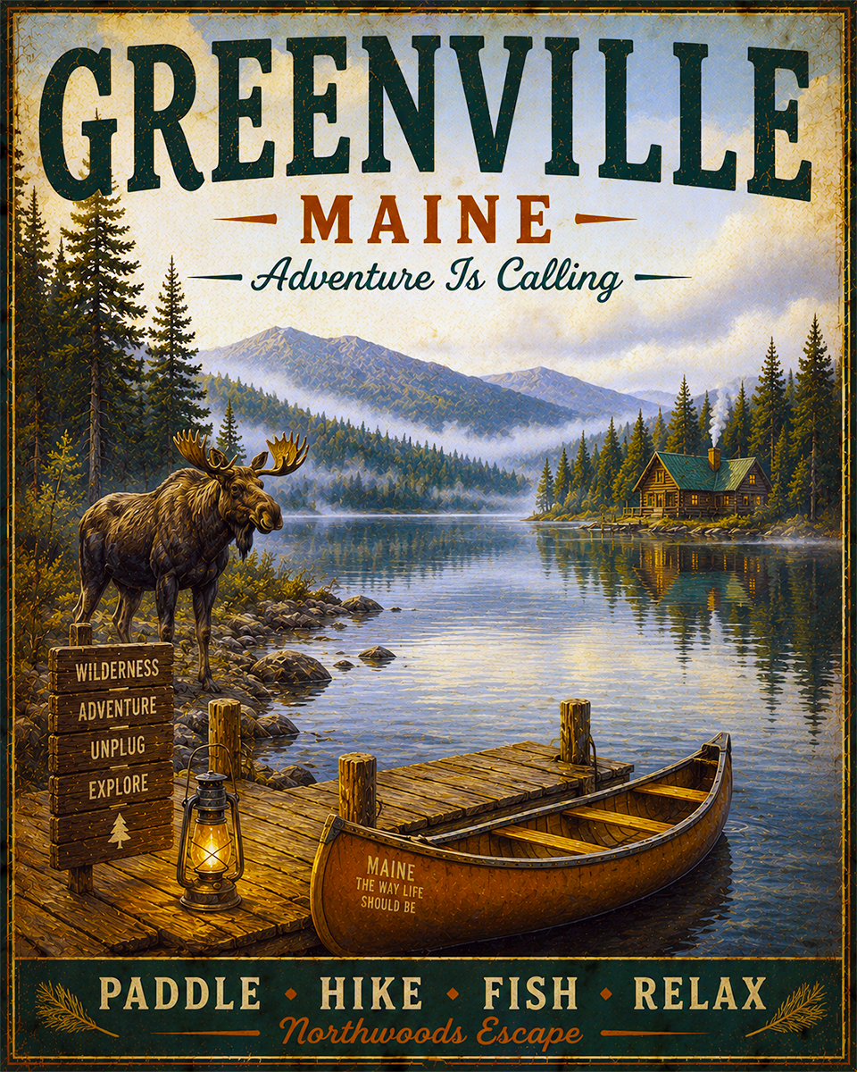 Greenville Maine - Adventure Is Calling Art Print - Vintage Travel Poster Mountain Town Wilderness Wall Decor