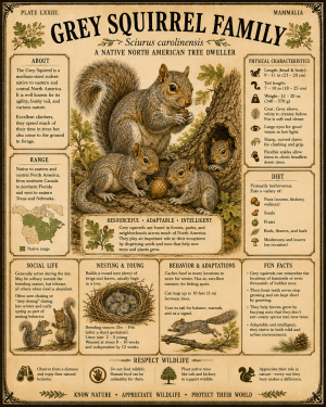 Grey Squirrel Family - Vintage Wildlife Art - Antique Nature Illustration