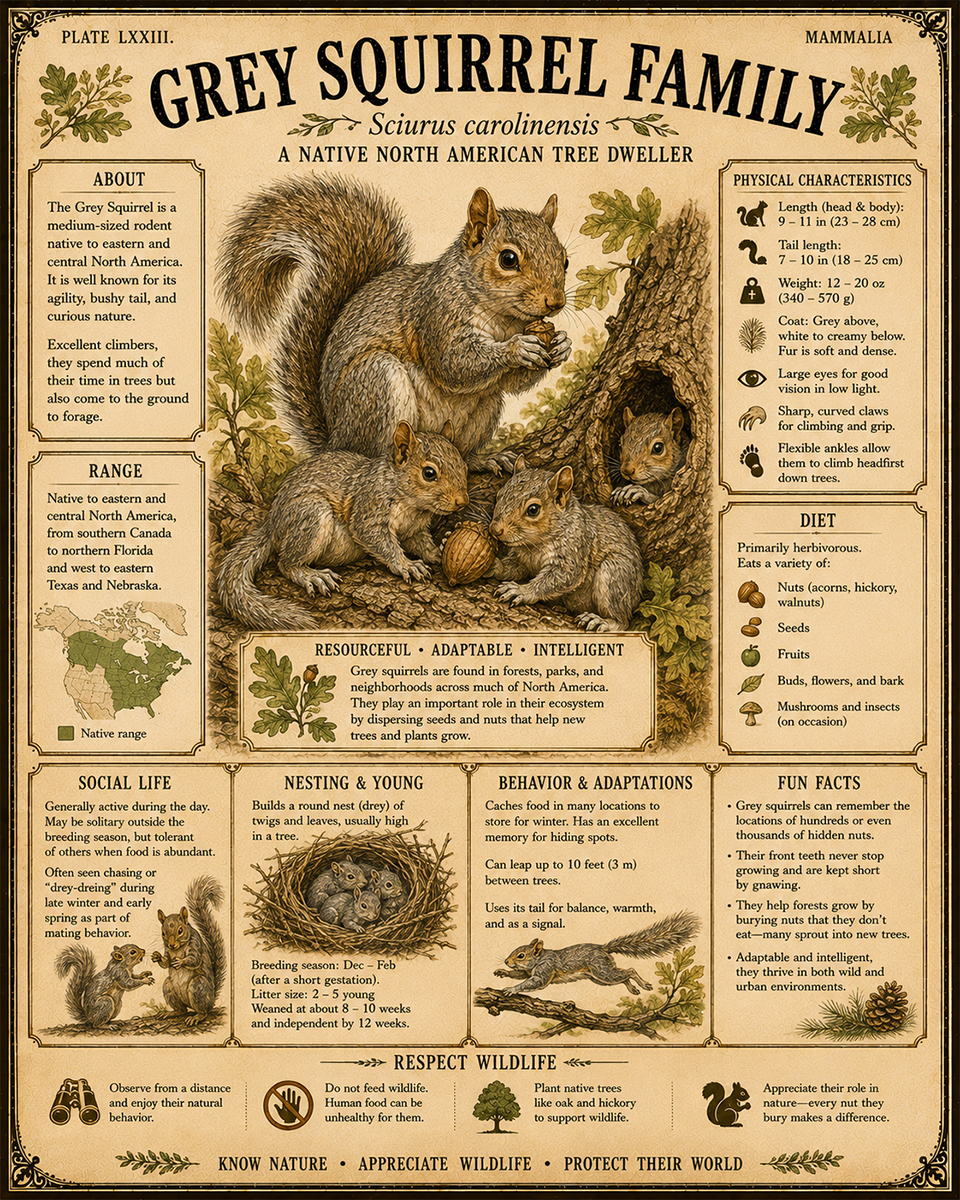 Grey Squirrel Family - Vintage Wildlife Art - Antique Nature Illustration