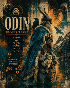 Grunge II Style - Odin with His Wolf and Ravens - Norse Mythology Art Print