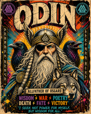 Grunge Style - Odin with His Wolf and Ravens - Norse Mythology Art Print