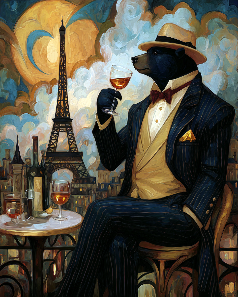 Having a Glass of Wine at a Paris Cafe - Black Bear Art Print