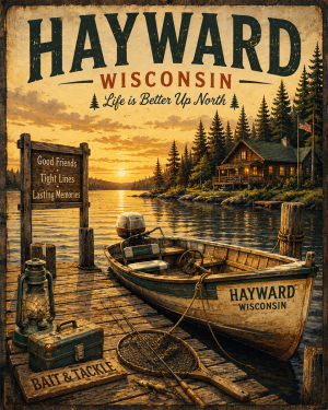 Hayward Wisconsin Fishing Art Print - Vintage Lake and Fly Fishing Wall Decor