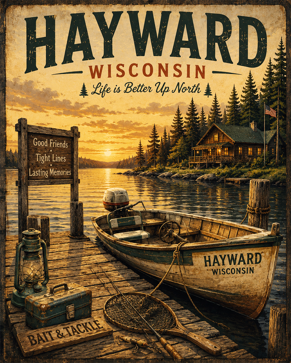 Hayward Wisconsin Fishing Art Print - Vintage Lake and Fly Fishing Wall Decor