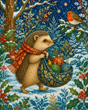 Hedgehog with X Mas Decorations - Christmas Art Print