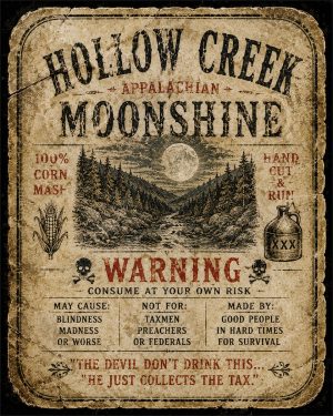 Hollow Creek Moonshine Label - Folk Horror - Appalachian Gothic Art Print
