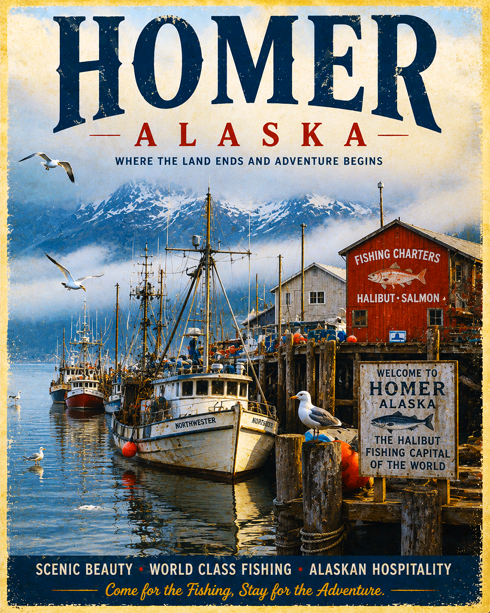 Homer Alaska Fishing Art Print - Vintage Lake and Fly Fishing Wall Decor