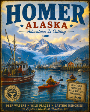 Homer Alaska - Adventure Is Calling Art Print - Vintage Travel Poster Mountain Town Wilderness Wall Decor
