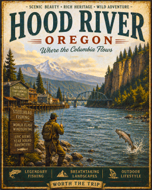Hood River Oregon Fishing Art Print - Vintage Lake and Fly Fishing Wall Decor